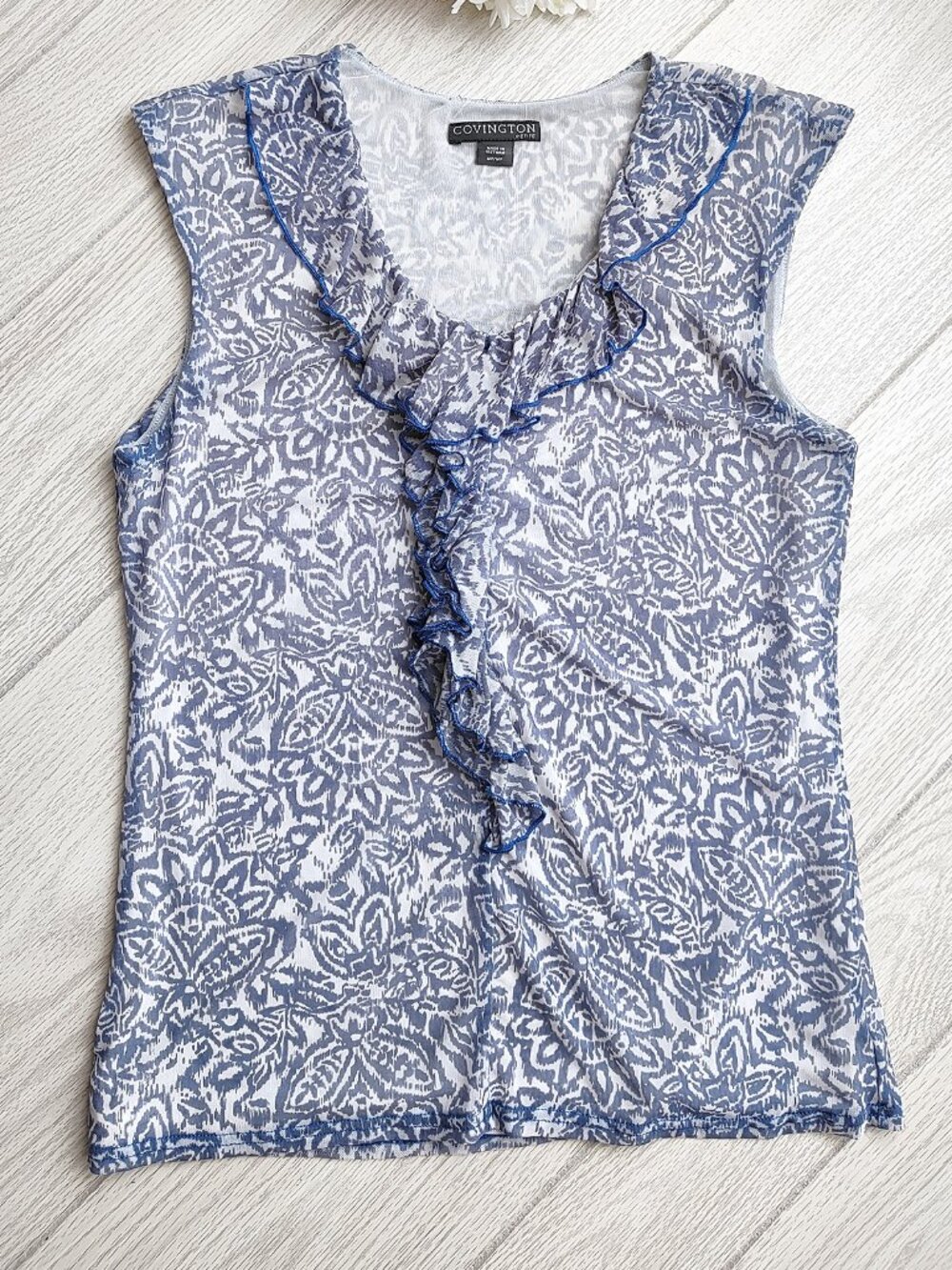 Y2K Style Mesh Sleeveless Top Ruffle Floral Stretch Blue Covington Fairy M P